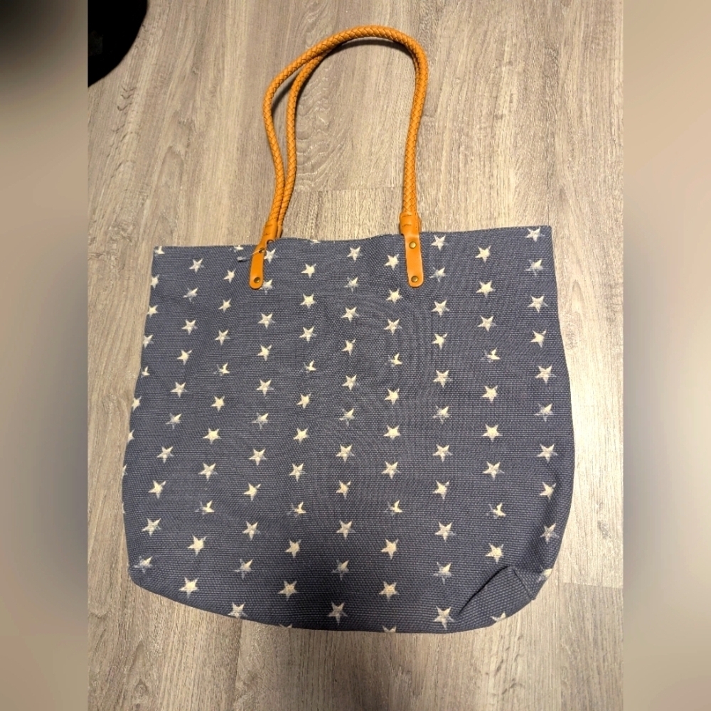 Mossimo Blue Americana star canvas tote With Braided Vegan Leather Handle NWOT